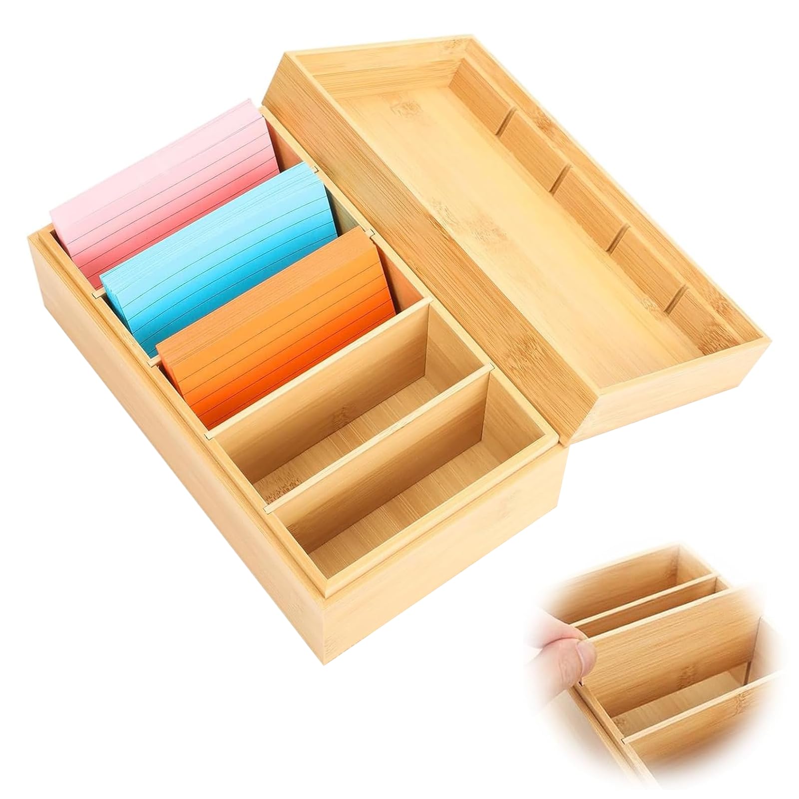 Caja para Flashcard de Madera de Bambú, Porta Fichas A7 con Tapa, 22.5x12.8x9.1cm, Caja para Tarjetas, Archivadores de Fichas para Estudios, Oficina, Casa, Escritorio, Organización