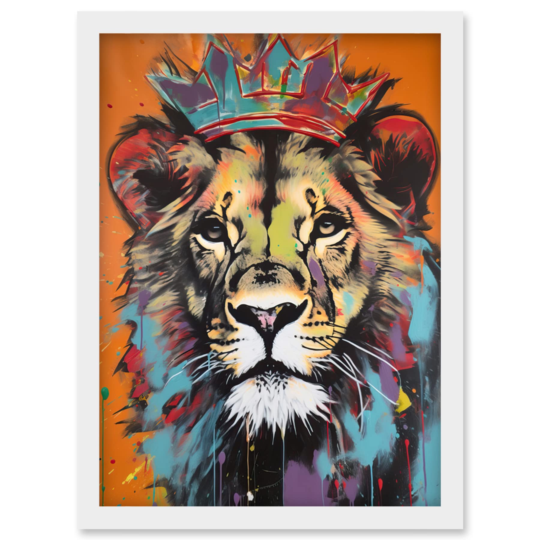 A4 Framed Wall Art Print - Lion Wearing Crown - Jungle King Animal Portrait - Artery8