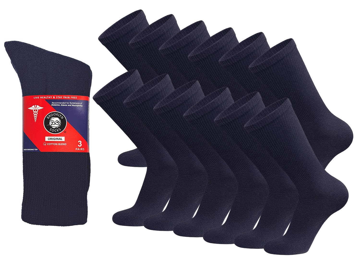 Brooklyn Socks Unisex Navy 12 Pairs Of Cotton Diabetic Non-Binding Neuropathy Crew Socks (Multicolored), 10-13