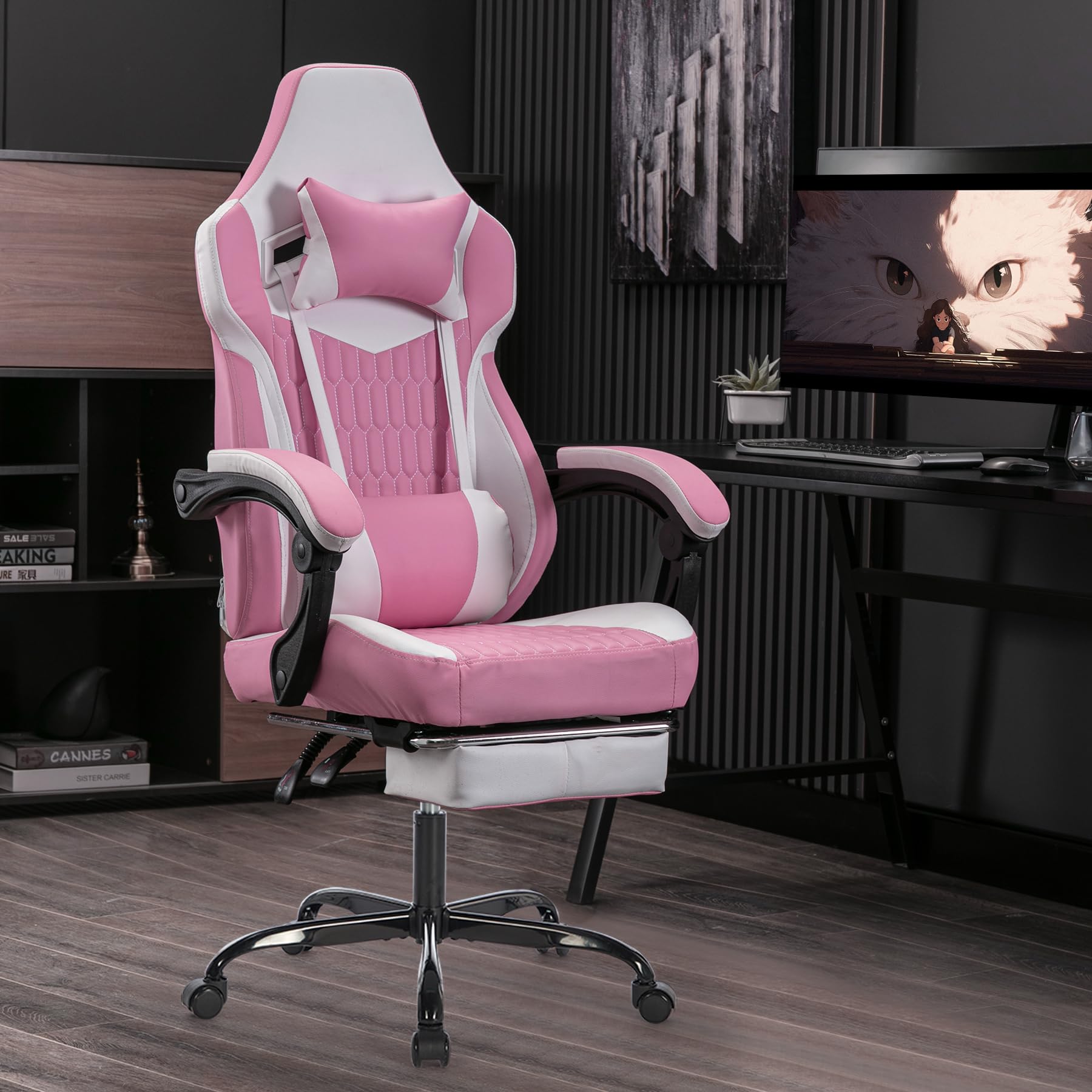 Pink Ergonomic Gaming Chairs for Adults, Swivel Height Adjustable Comfortable Office Desk Chair with Footrest and Lumbar Support, PU Upholstered Computer Chair with Headrest (Pink)