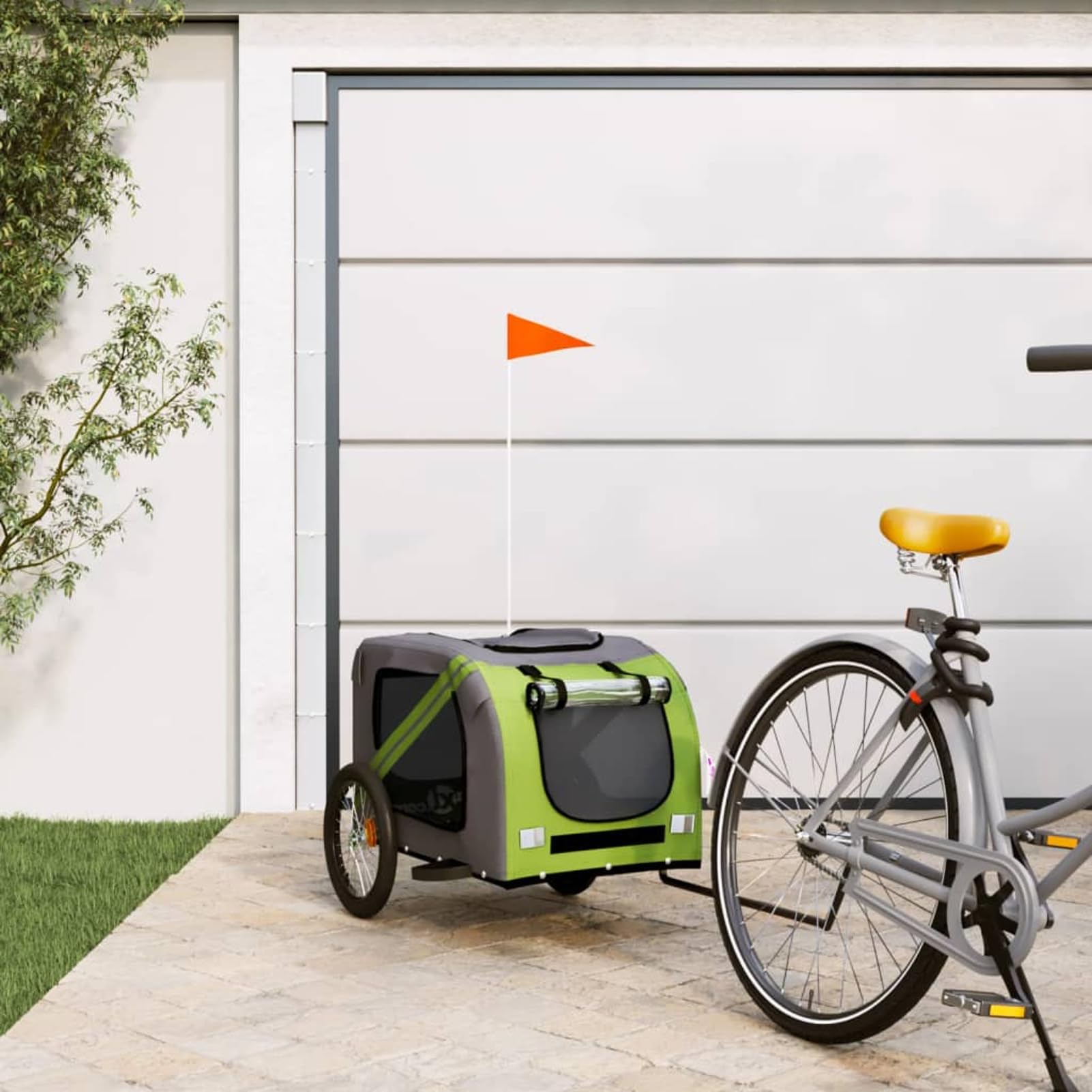 Remolque de Bicicleta para Perros Hierro Tela Oxford Verde Gris Carro para Bicicleta