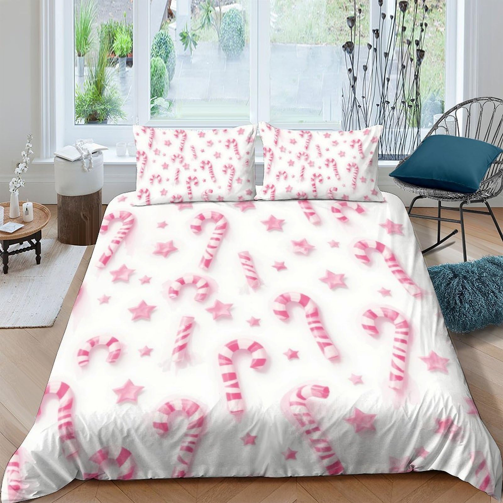 Ctjqhvkz Style-5 3D Printed Candy Cane Fitted Sheet Microfiber Pink Holiday Bedroom Decor Snowflake Bed Cover For Home Guest Room Single（135X200cm）
