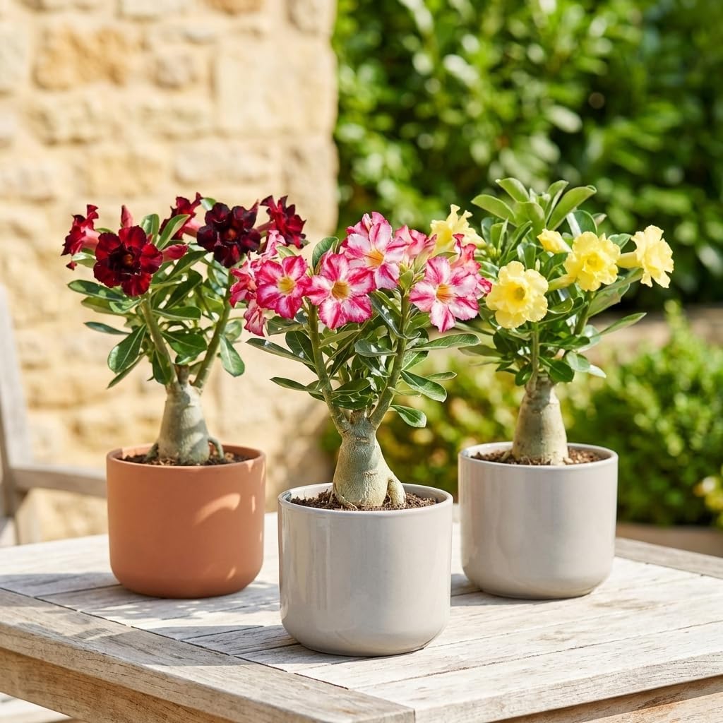Pack 3 Mix Adenium Desert Rose Plants, Well Rooted Plants 4-7'' Tall, Tropical Flowering Succulent, Indoor Outdoor Planting