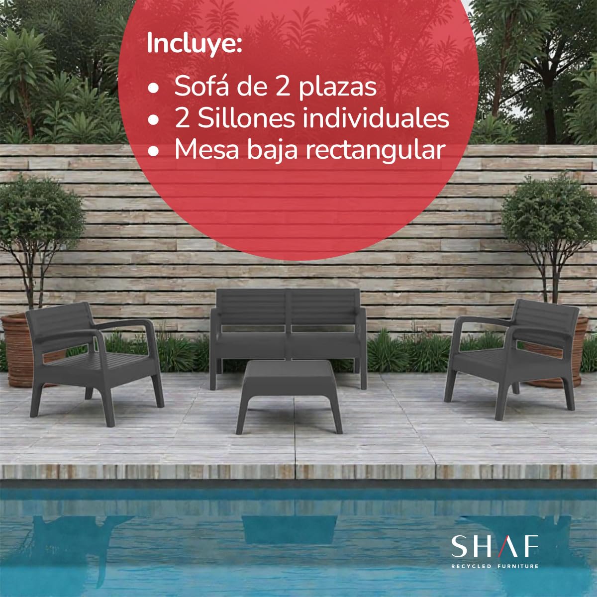 Shaf SP Berner - Set de Muebles de Jardín y Terraza Miami Color Grafito - Sofá 2 Plazas, 2 Sillones y Mesa de Centro - Fabricado en España con Plástico Reciclado