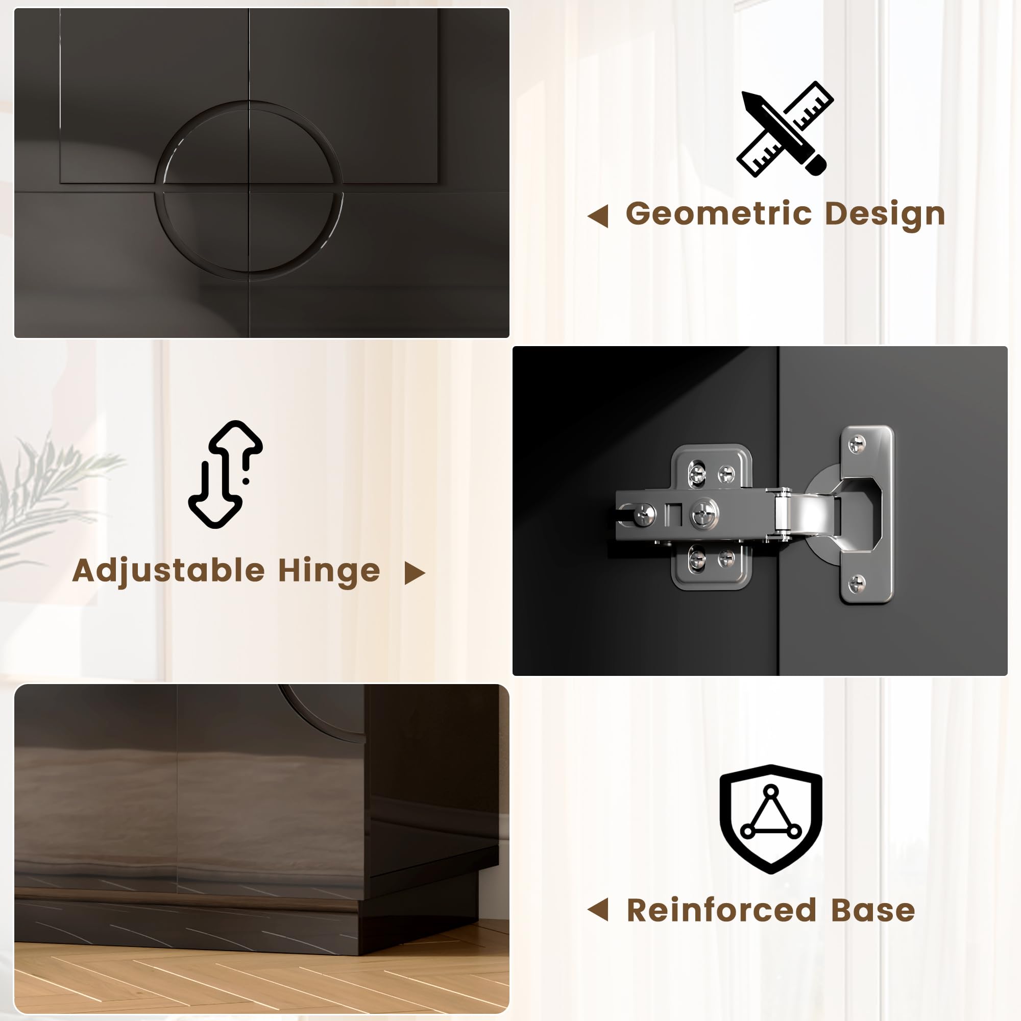 LVSOMT Moderne Sideboard Wohnzimmer, 85cm Hoch Buffetschrank Holz | Kommode mit 2 Türen,Verstellbares Regal,Geometrisches Musterdesign,Schrank Für Esszimmer Schlafzimmer Flur, Schwarz Hochglanz