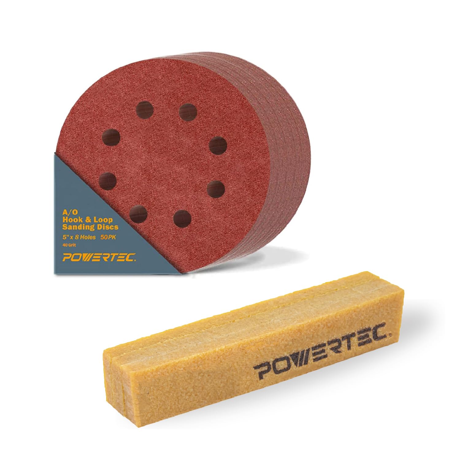 POWERTEC 25PK, 40 Grits, 5 Inch 8 Hole Hook and Loop Sanding Discs with Cleaning Stick, Aluminum Oxide Sandpaper Discs, Woodworking Sanding Pads for