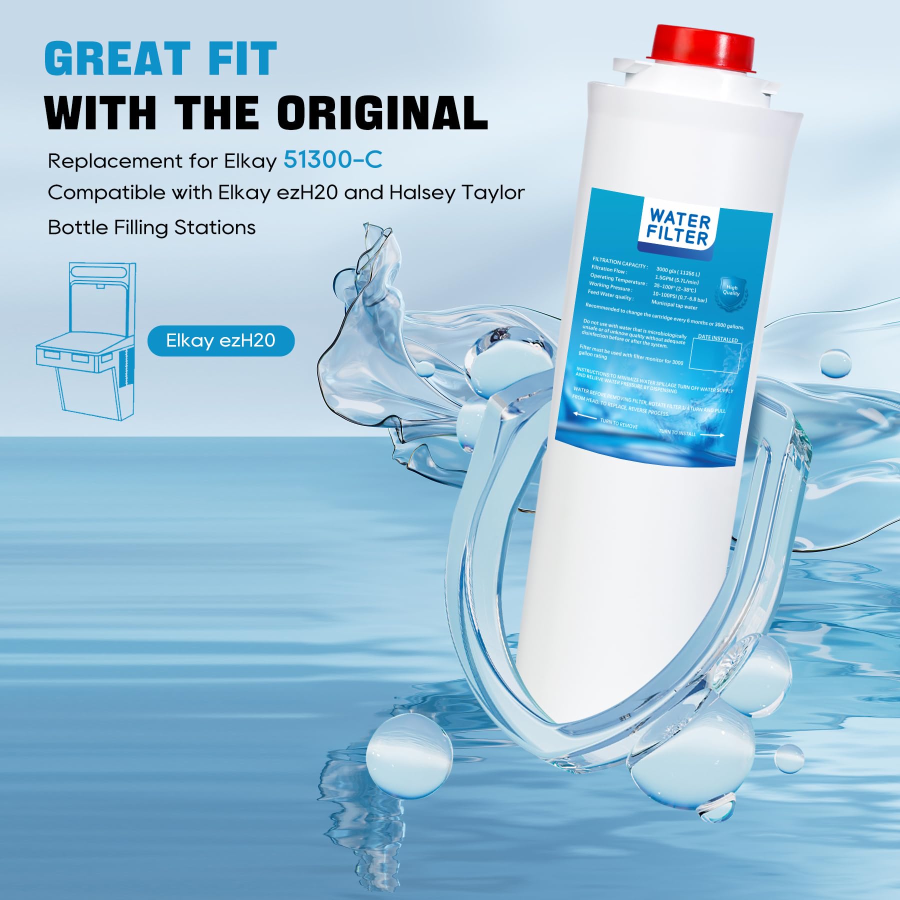 51300C, Replacement for Elkay 51300C, Replacement 55898C Filters, Replacement Bottle Stations Compatible with Ezh2o Filter ERF750, 55898C, EWF3000 (No Chip 4-Pack)