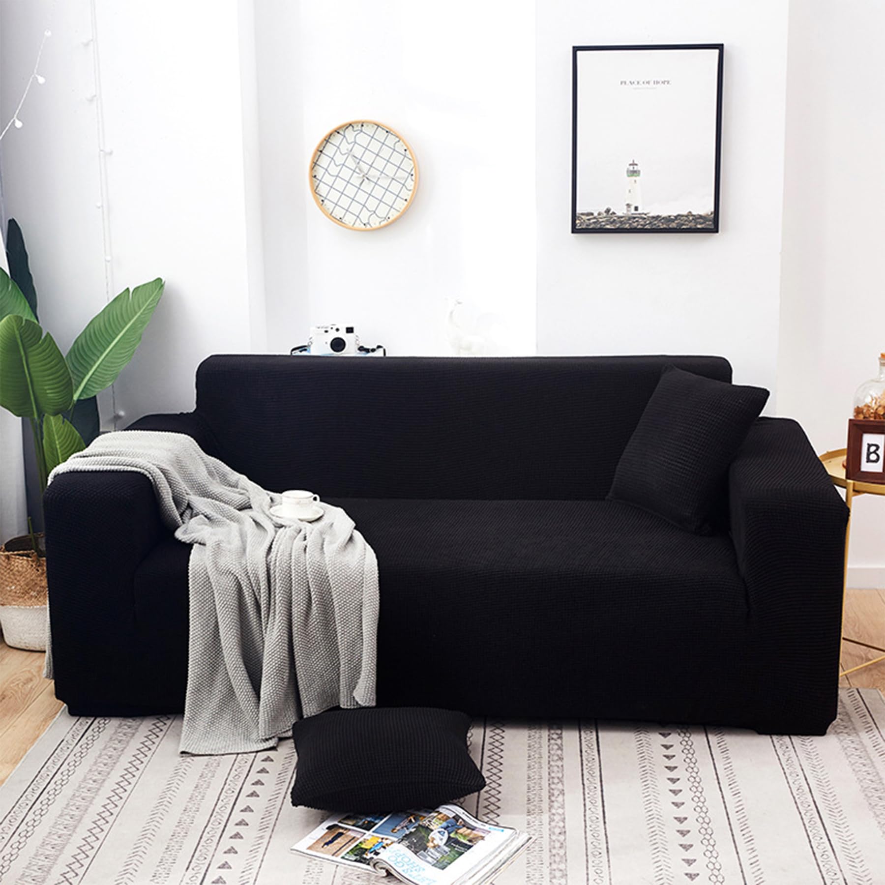 AYLFBFU Couch Covers Spandex Jacquard Small Checked Sofa Covers 3 Seater and 3 Seater Cat Pet Friendly, L Sofa Cover with Anti-Slip Foams Black (2 pcs) โ image 1
