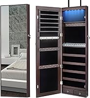 47" Walnut Jewelry Armoire with Full Length LED Mirror - Lockable Wall/Door Mount Storage Cabinet for Jewelry & Makeup