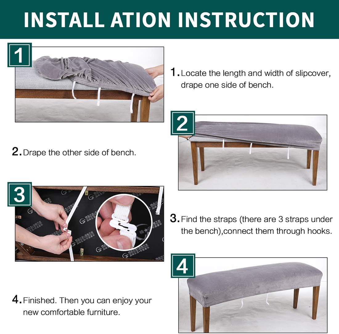 smiry Velvet Dining Room Bench Covers - Soft Stretch Spandex Upholstered Bench Slipcover Removable Washable Bench Seat Protector for Living Room, Kitchen, Bedroom (Silver Grey)
