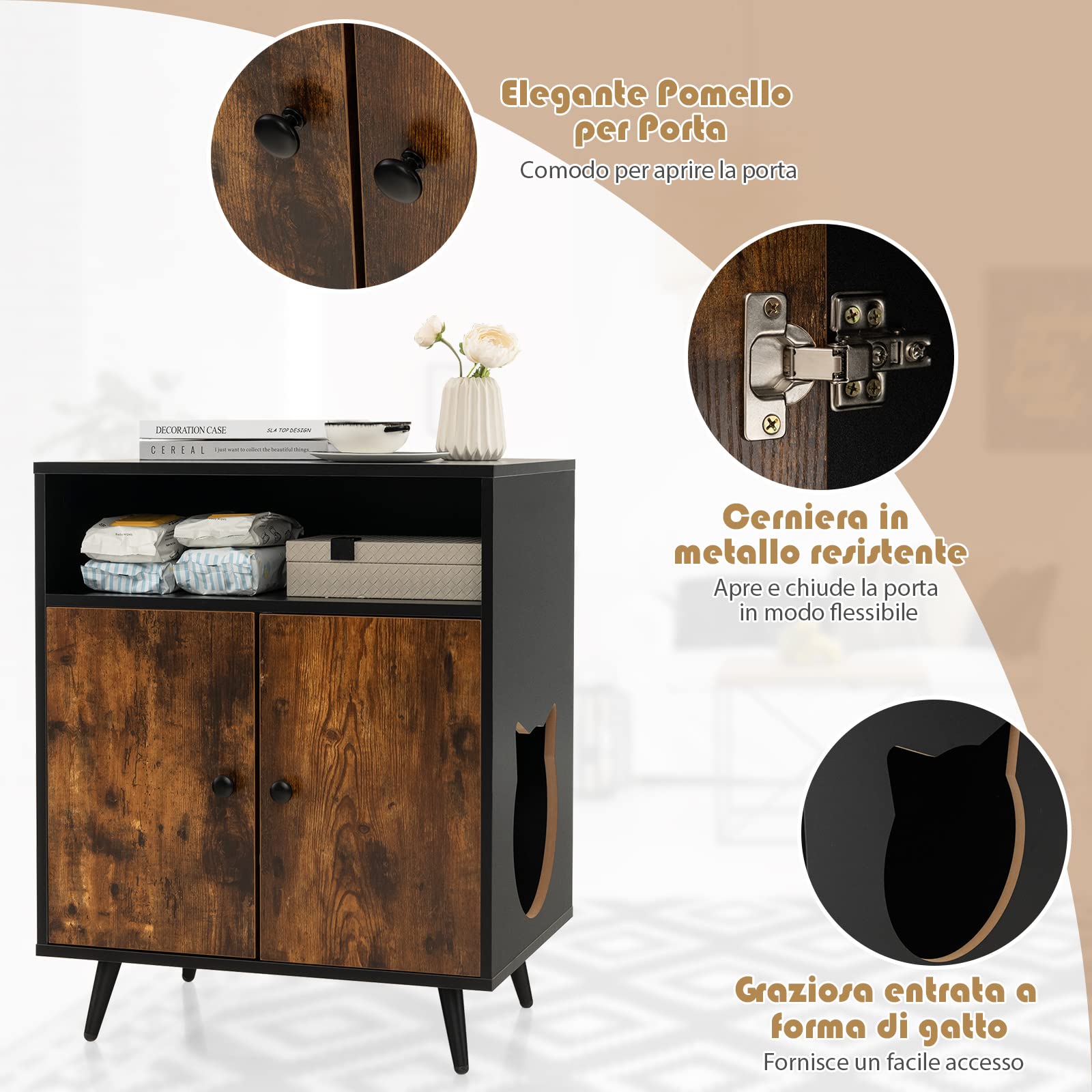 COSTWAY Mobile per Lettiera per Gatti, Casetta per Gatti con Ingresso, Gambe Inclinate e Scomparto Aperto, Tavolino in Legno Versatile per Salotto, 60 x 45 x 75 cm, Marrone e Nero