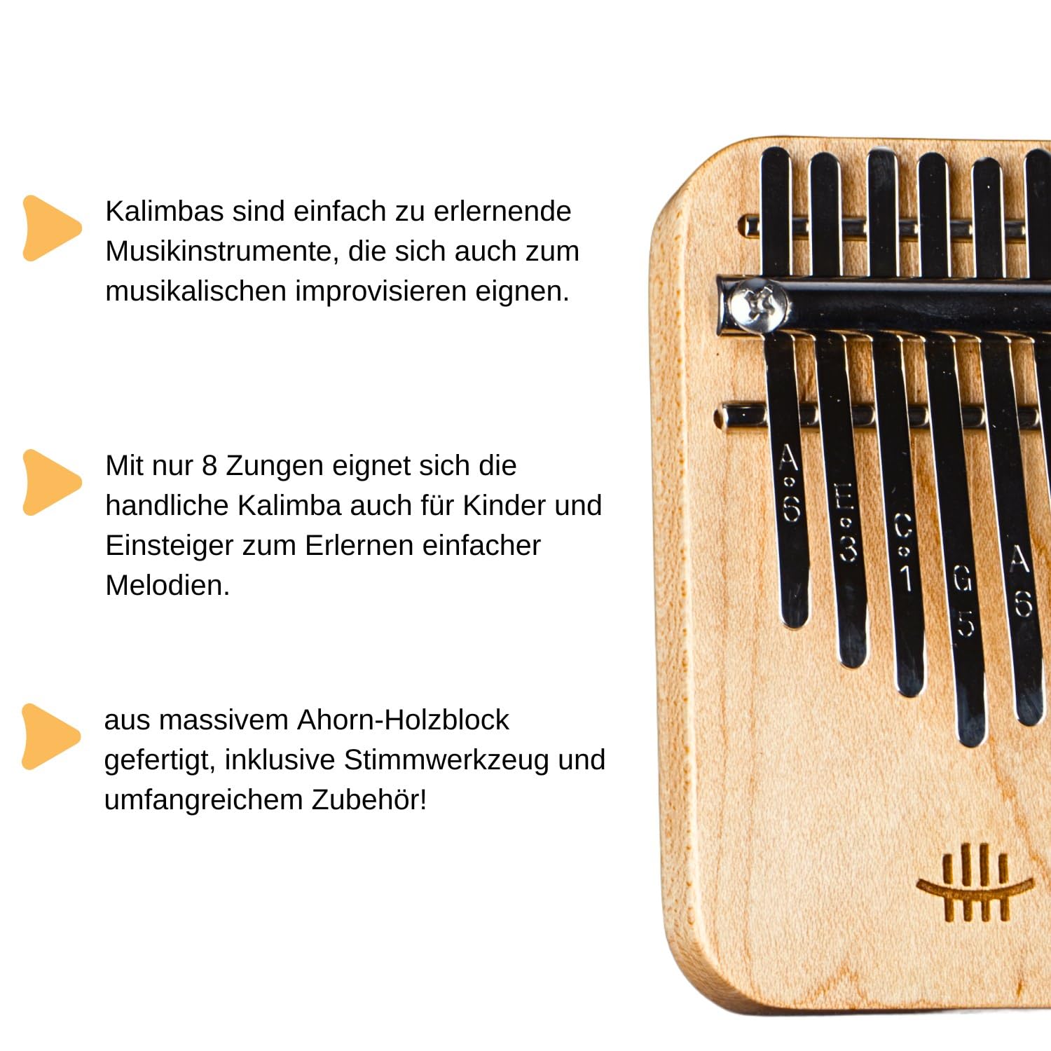 Mini Kalimba - 8 Tasten | Ahorn-Massivholz in C-Dur | 60 Dezibel Lautstärke! Für Einsteiger und Kinder ideales Instrument