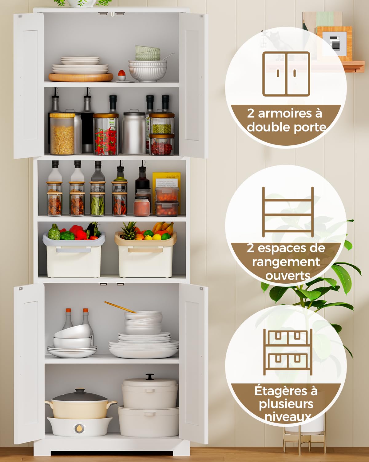BEWISHOME Armoire de Salle de Bain, Meuble Salle de Bain Rangement, Meuble Colonne de Salle de Bain avec Étagères Réglables, pour Salon Cuisine 60x30x170cm Blanc EYYG09W