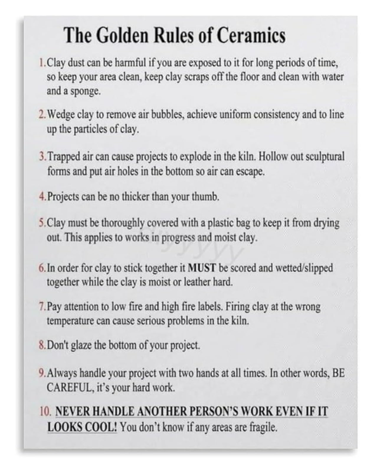 KCDFDVJFBM Pottery Golden Rules Poster Essential Ceramics Techniques Guide for Beginners and Studio Decor(Unframed,12x18inch(30x45cm))