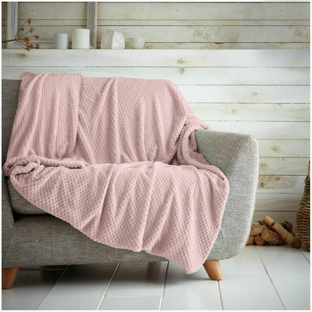 Kinfolk Textile Waffle Throw Honeycomb Blanket Soft Warm Cuddly Sofa Travel Bedspread (Blush Pink, Single - 125 x 150cm)