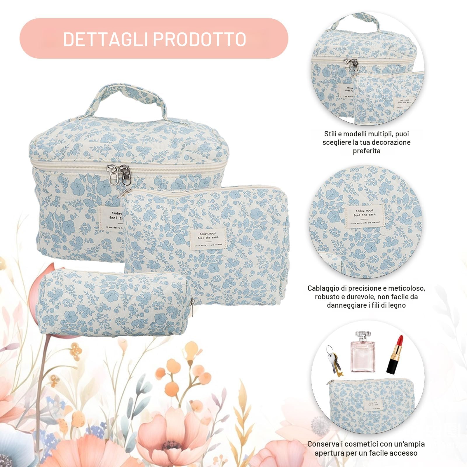 3 Pezzi Borsa Cosmetica Trapuntata, Beauty Case Da Viaggio Donna Grande Capacità Pochette Portatrucchi Viaggio Borsa Cosmetica Grande Beauty Trapuntato Grandei Da Toilette Makeup Bag Organizer