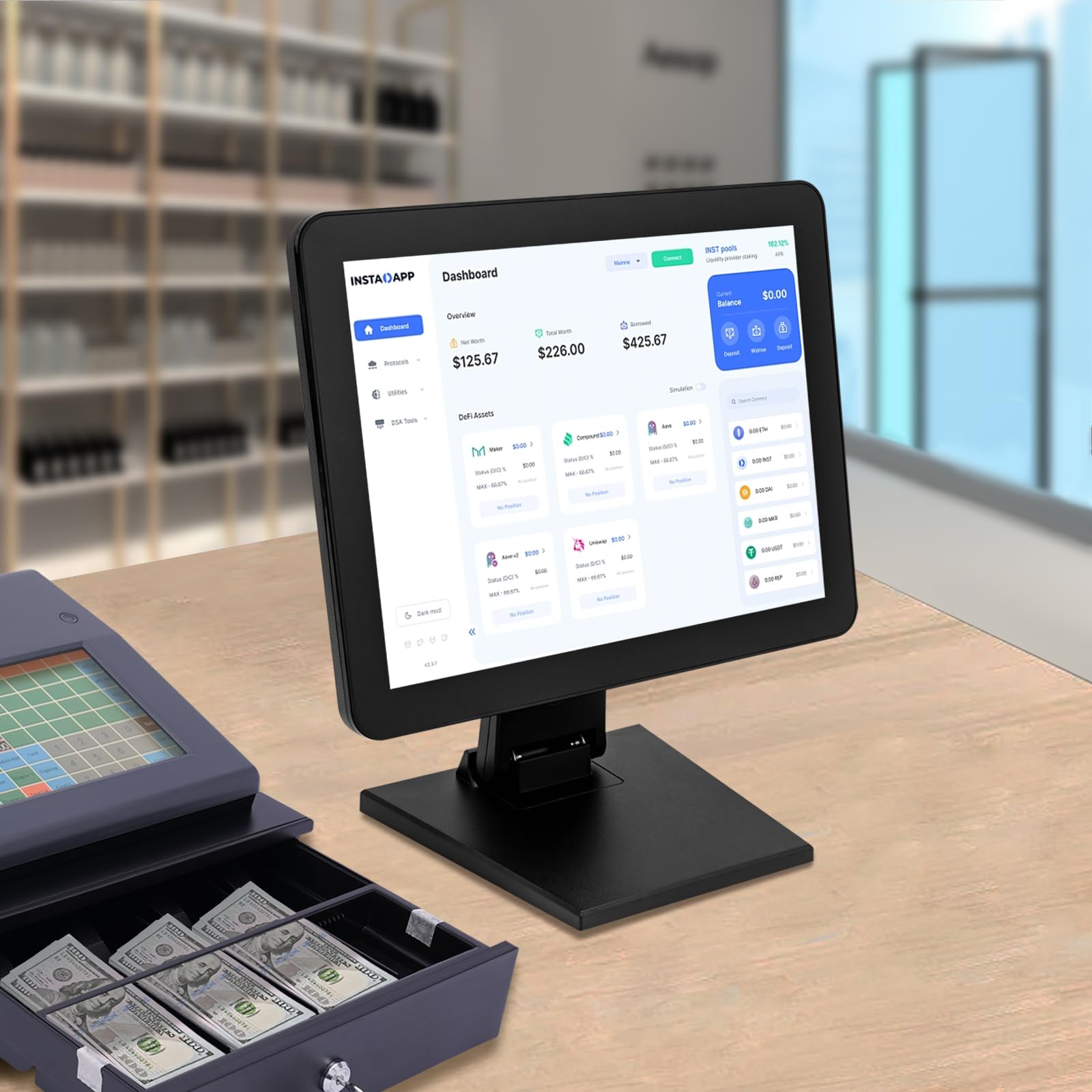 Caja registradora de 15 pulgadas, sistema de caja registradora, pantalla LCD táctil, modo táctil de diez puntos para venta al por menor, catering, hostelería