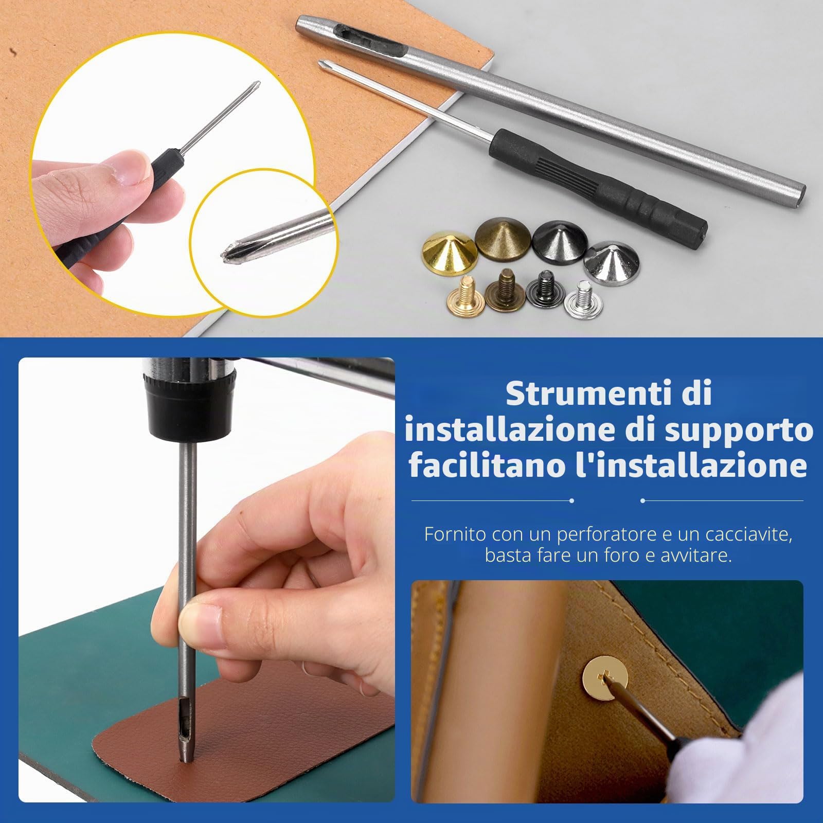 Glarks 100 Sets Sliver Cone Spikes e Studs Kit 4.7mm Bullet Spikes Vite Punk Back Studs e Spikes con Strumenti di Installazione In Pelle Craft Rivetti Viti