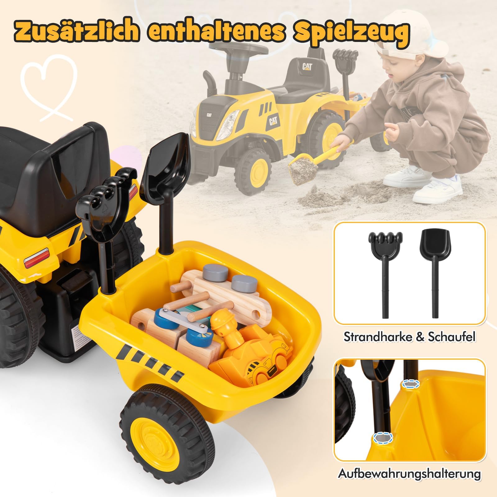 FANTASK Trattore antiscivolo con pala e calcolo rimovibile, auto antiscivolo con rimorchio del clacson, veicolo con suono motore e luci a LED per bambini a partire da 1 anno