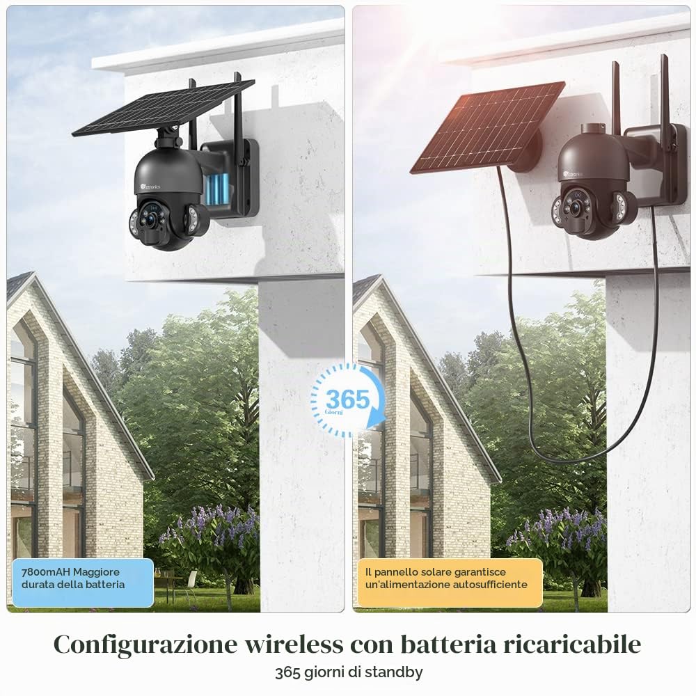 Ctronics 360° PTZ Telecamera Wi-fi Esterno con Pannello Solare, 2.5K 4MP | Videocamera sorveglianza con Batteria 100% Senza Fili, Faretto Visione Notturna, Rilevamento PIR, Audio a 2 Vie, IP66