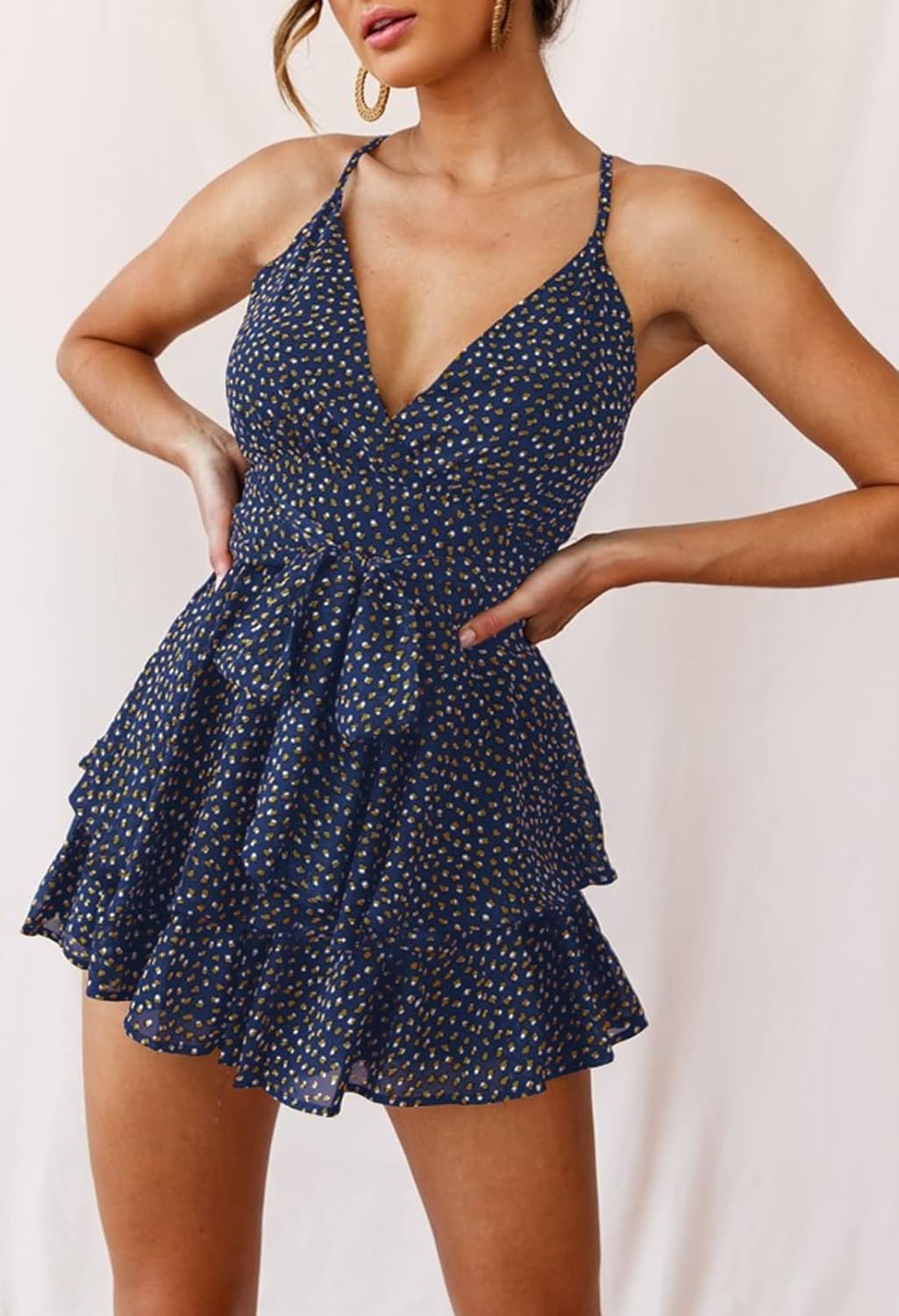 Fixmatti Women Spaghetti Strap Romper V Neck Backless Ruffle Chiffon Shorts Jumpsuit Playsuit - Image 3