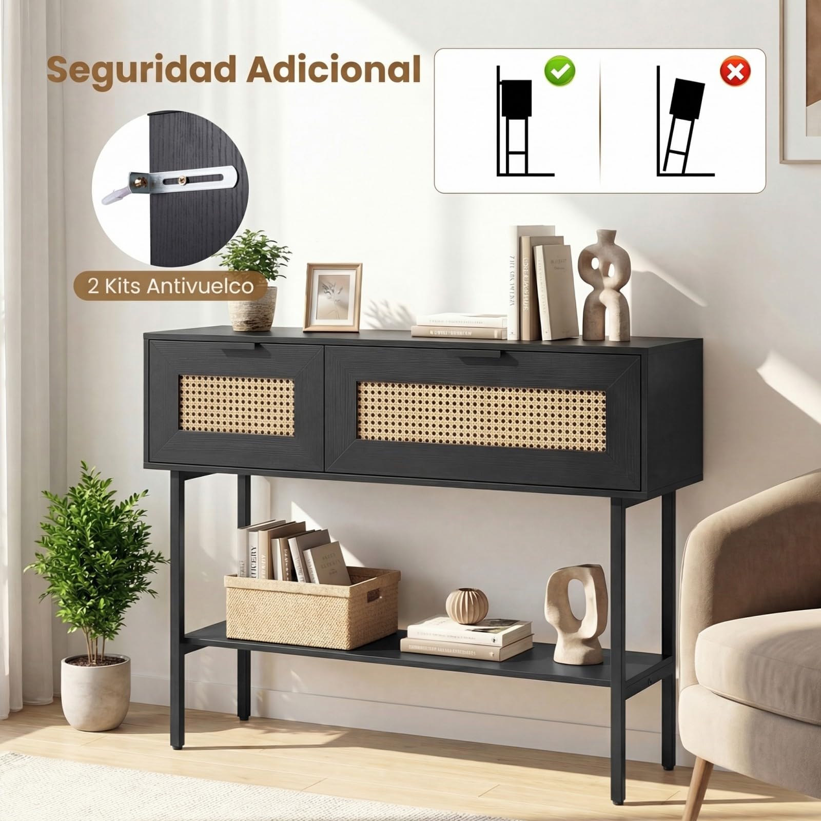 COSTWAY Mesa Consola de Entrada, Mesa Auxiliar de Ratán PE con Puertas Estilo Bohemio, Estantes de Almacenamiento y Estructura Metálica, Mueble Interior Estrecho para Sofá Recibidor Salón (Negro)