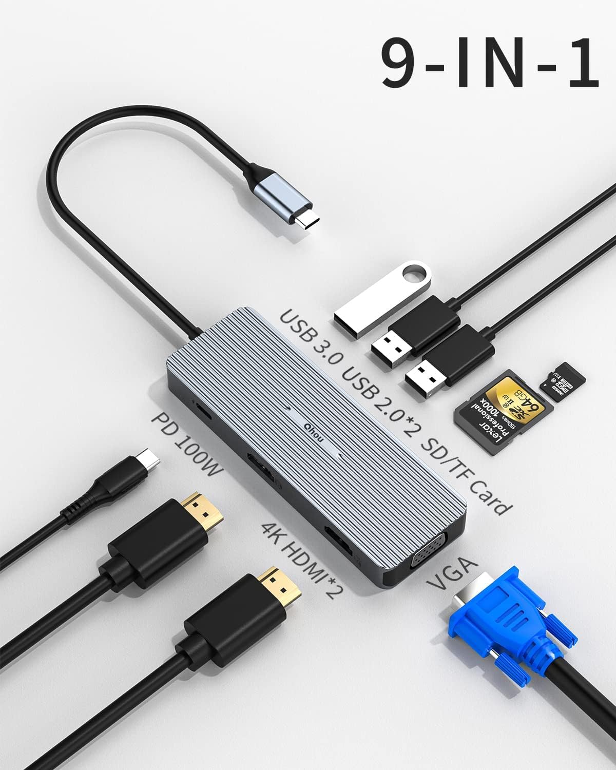 Hub USB C 9 w 1, potrójny wyświetlacz, 2 x HDMI/VGA, Mac Pro/Air stacja dokująca do Dell, Surface, HP, Lenovo, urządzeń typu C (SD/TF+USB A 3.0/2.0+PD)
