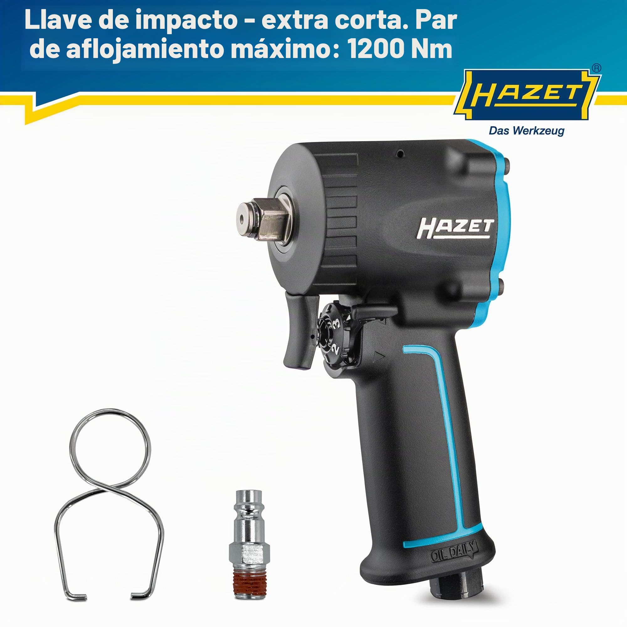 Llave de impacto neumática HAZET 9012M-1 I Extra corta - sólo 80 mm, Max. par de apriete: 1200 Nm, cuadrado 12,5 mm (1/2 pulgada) diseño compacto para trabajar en espacios reducidos