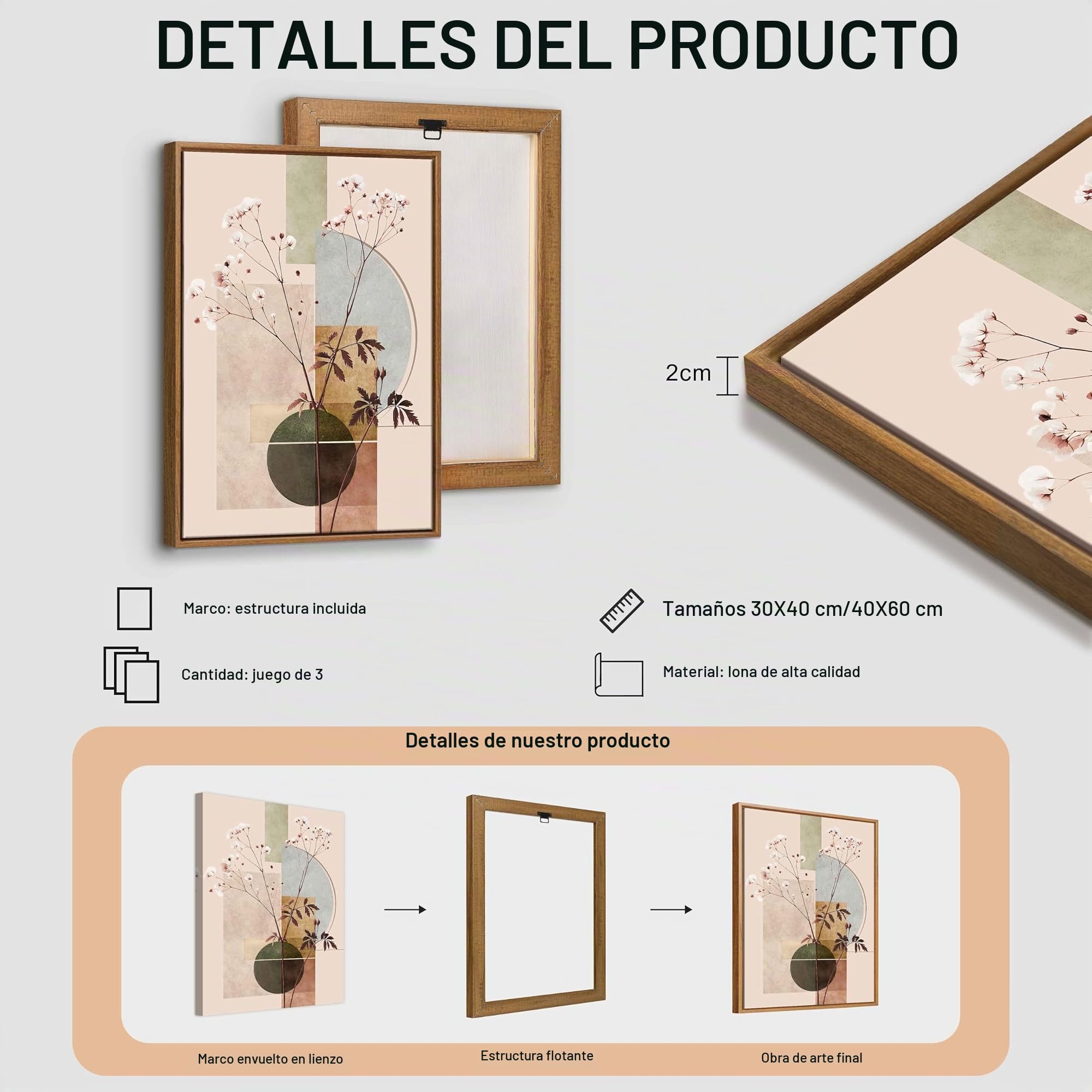 3 Pcs Beige Geométrico Plantas Floral Modernos Cuadros Decoracion Con Marcos, Botánico Algodón Eucalipto Hoja Cuadro y Láminas Lienzos Decorativos Hogar Para Comedor Salon Dormitorios 40X60cmx3Pcs