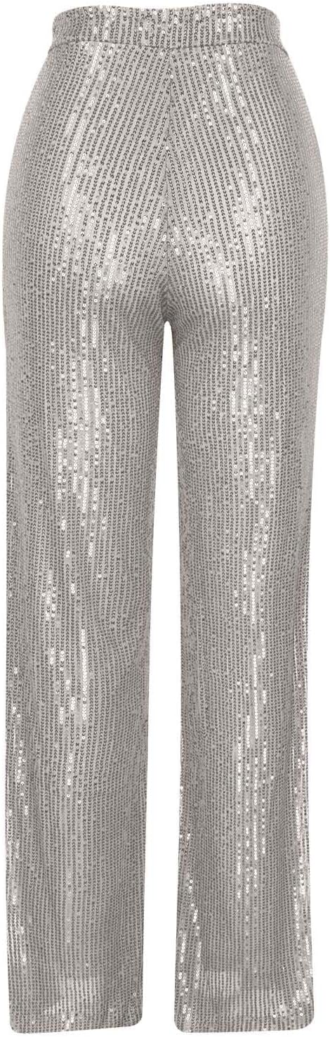 Sequin Palazzo Pants for Women Sparkle High Waist Pant Glitter Wide Leg Trousers Elastic Loose Shiny Party Trouser