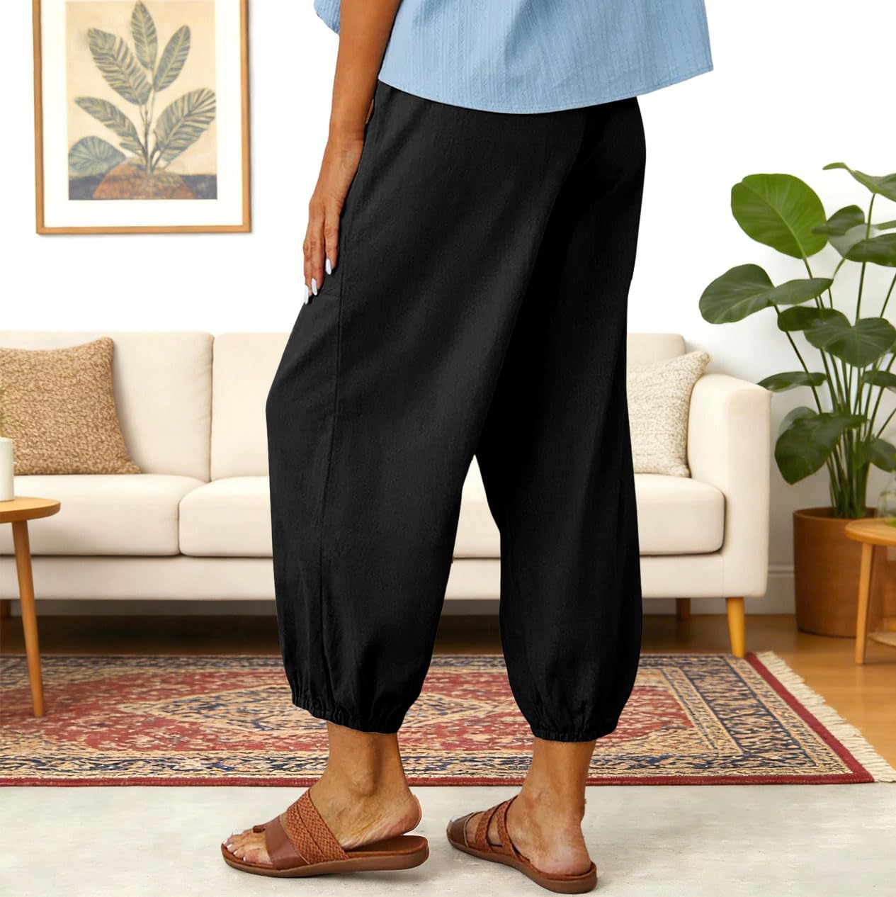 Pantalon Femme Été Léger Pantacourt 7/8 Longueur Coton Taille Elastique Fluide Pantalon de Plage Ample Décontracté