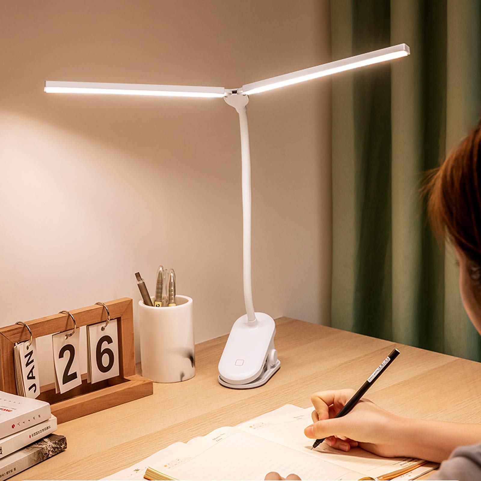 Schreibtischlampe LED Doppel-Lampenkopf-LED-Schreibtischlampe wiederaufladbare LED-Clip beim Leselicht stufenlosen Dimmen-Touch-Konsolen-Licht mit USB-Ladeöffnung, 3 Farben Tischlampe ( Color : Green
