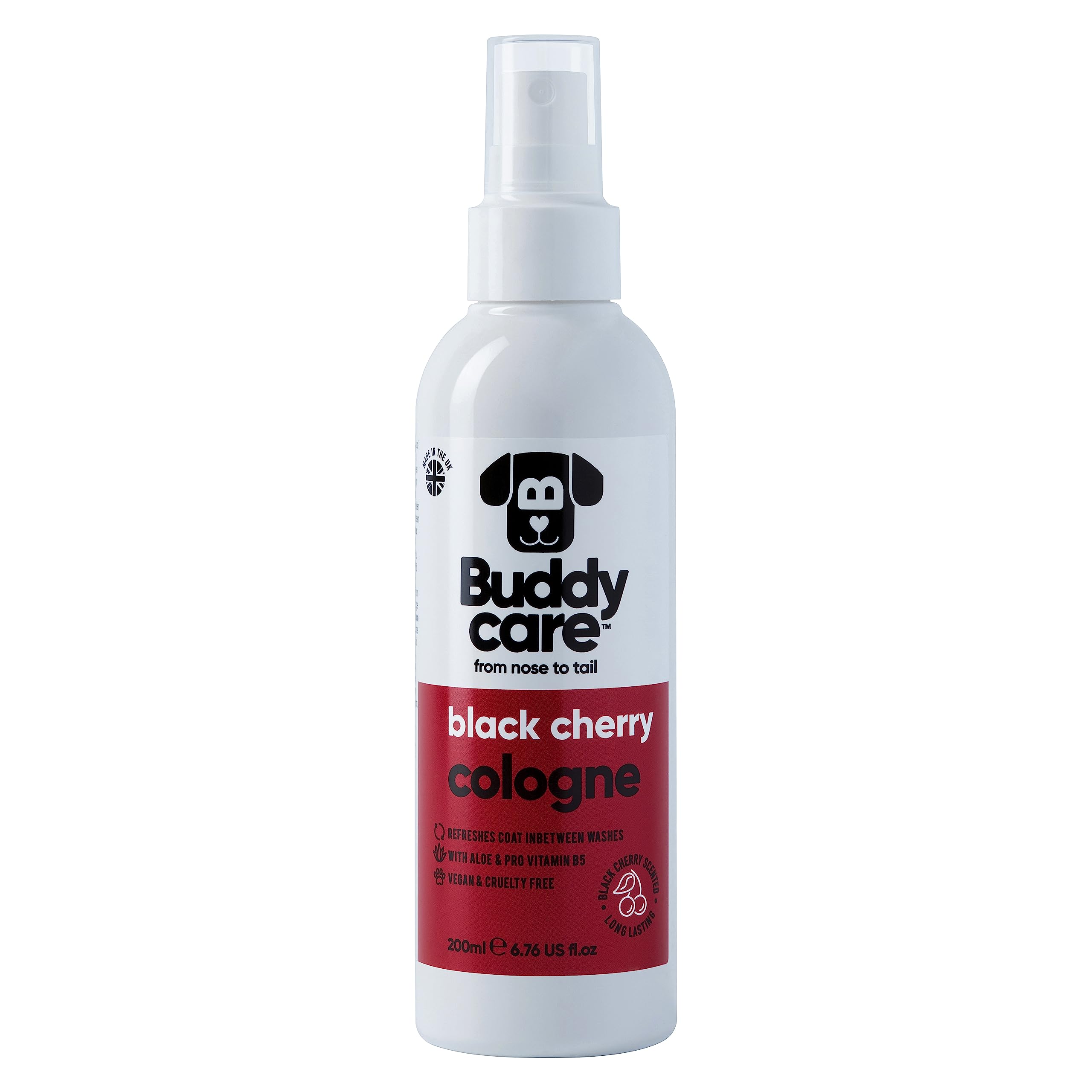 Buddycare Colonia para perros - Cereza negra - Colonia para perros con aroma afrutado y audaz - Refresca entre lavados para perros 200 ml (paquete de 1)