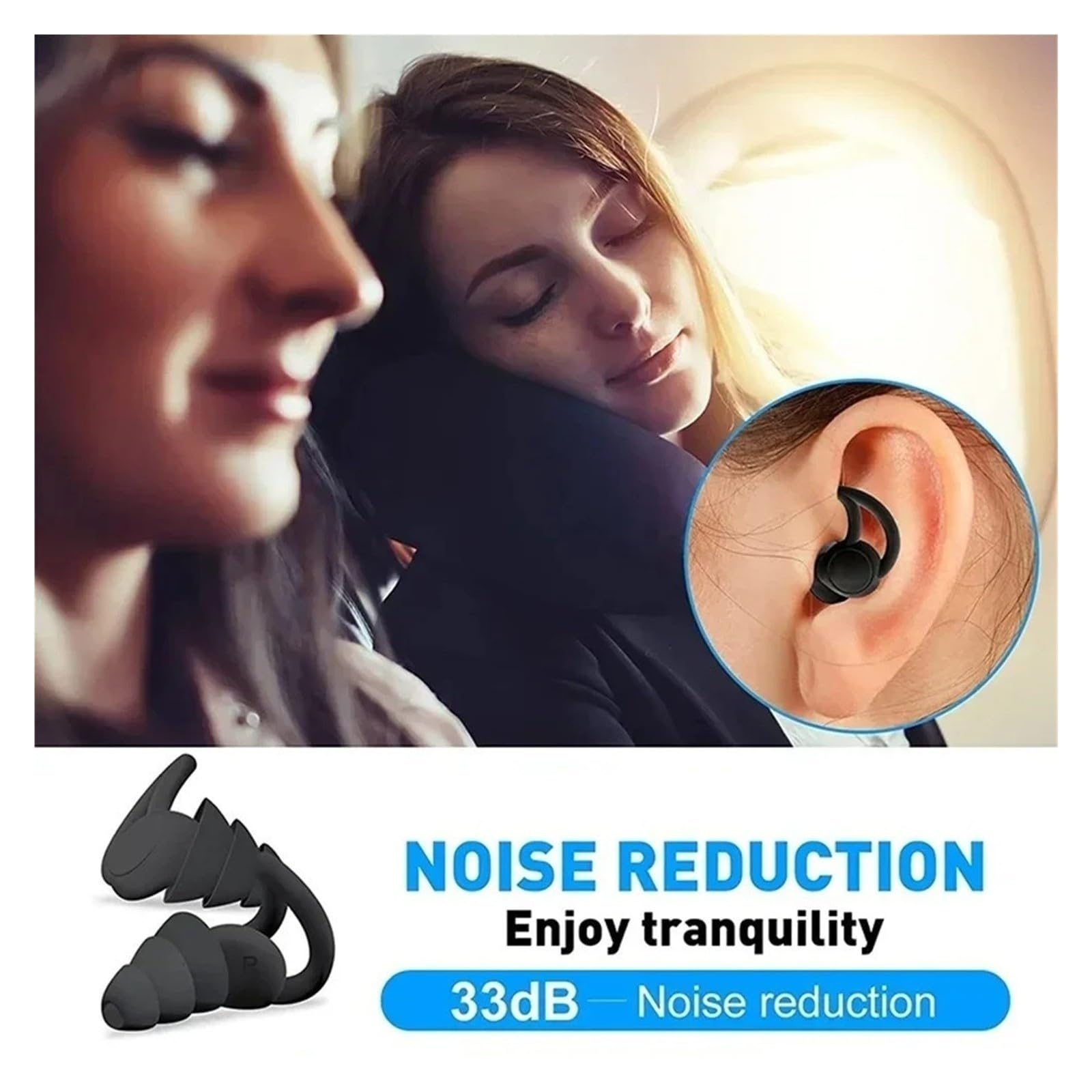 Bouchons d'oreilles en silicone souple 3 couches réutilisables avec suppression du bruit pour voyage (Noir)