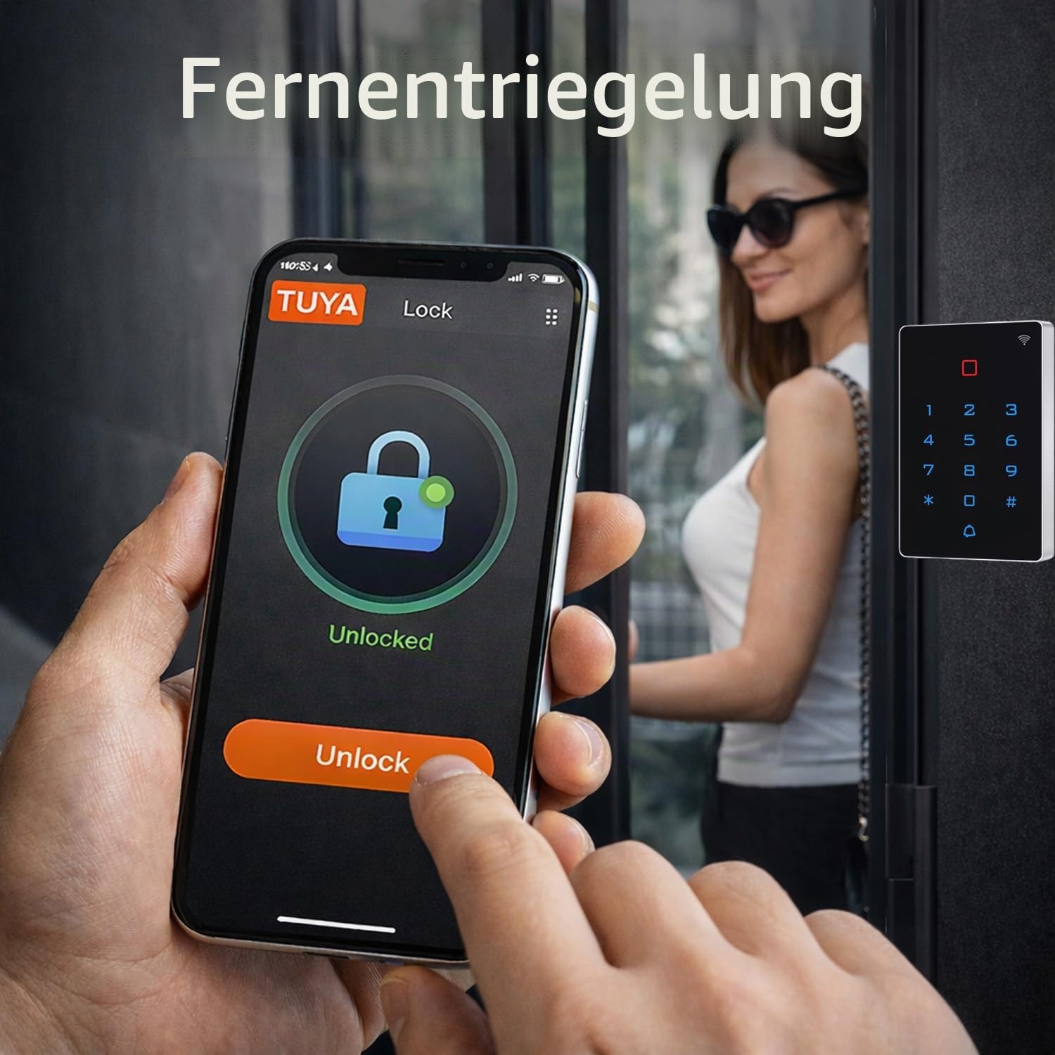 Tuya WiFi Zutrittskontrollsystem Set mit Codeschloss – IP68 Codetaster, 4 Öffnungsarten mit App-Fernsteuerung, 125kHz, DC12V, WG26/34, inkl. Netzteil,Exit-Taster,Klingel,Elektrotüröffner, 10RFID Tags