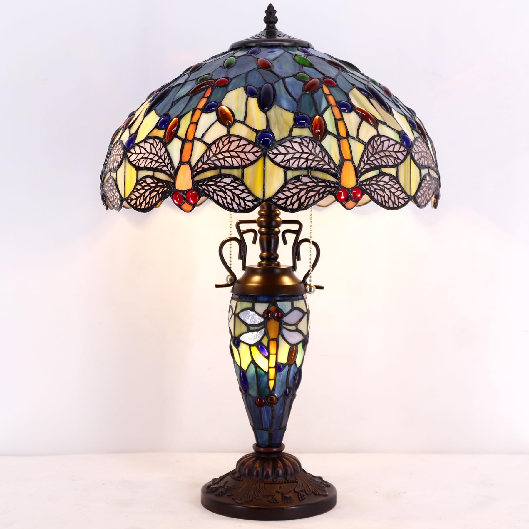 WERFACTORY Tiffany Table Lamp Sea Blue Yellow Stained Glass Dragonfly Mather-Daughter Vase Table Lamp 16X16X24 Inches Desk Light — view 6