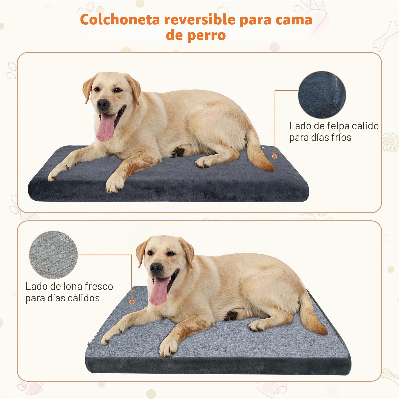 EMPSIGN Cojín para Perro Reversible Funda extraíble Lavable, 104x71x7,6 cm | gris, espuma alta densidad, impermeable interior, transpirable refrescante, apto para jaula, empaquetado al vacío
