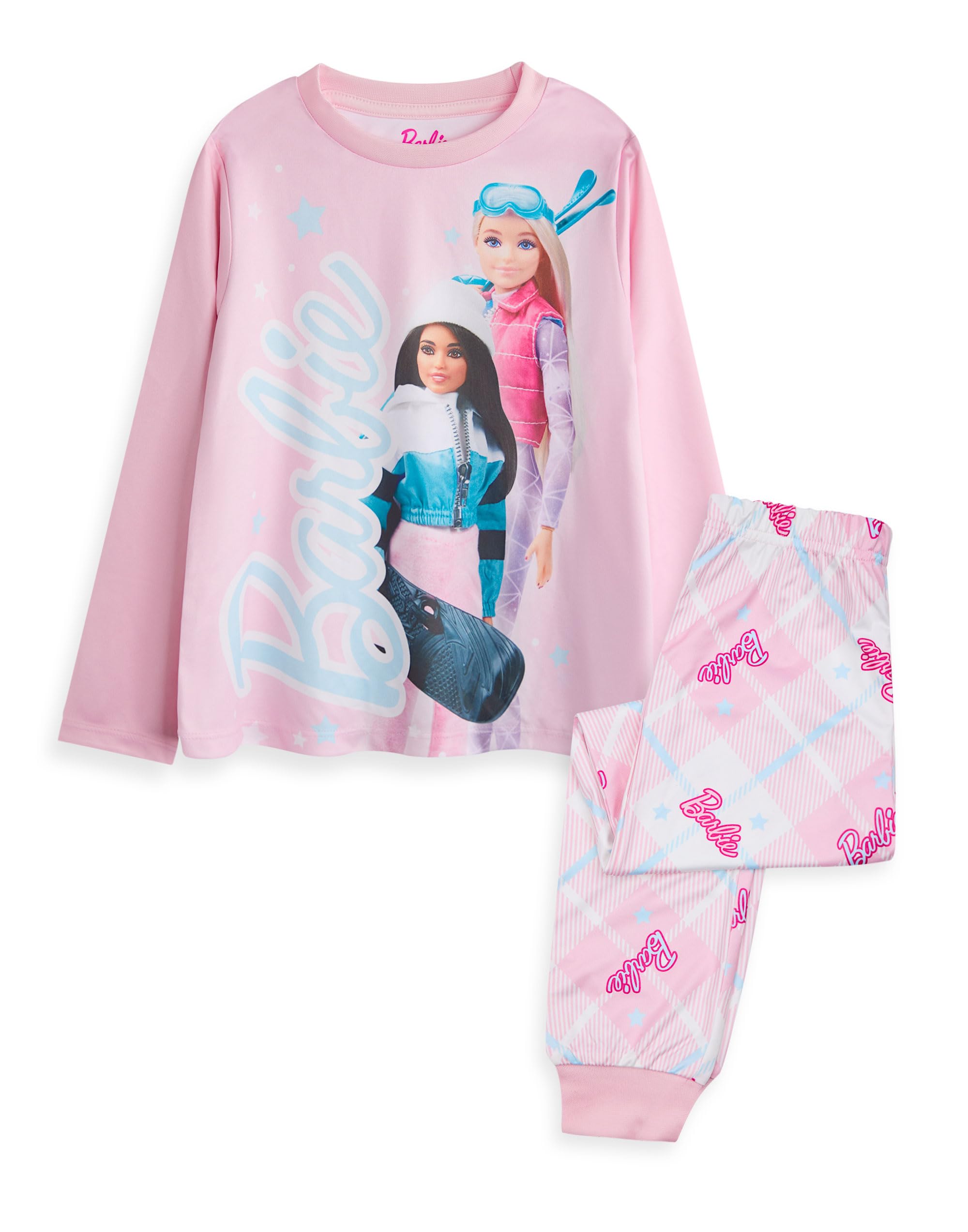Vanilla Underground Girls Pink Barbie Front Print Top, Check Bottoms Long Sleeve Long Leg Pyjama Set - 5-6 Years