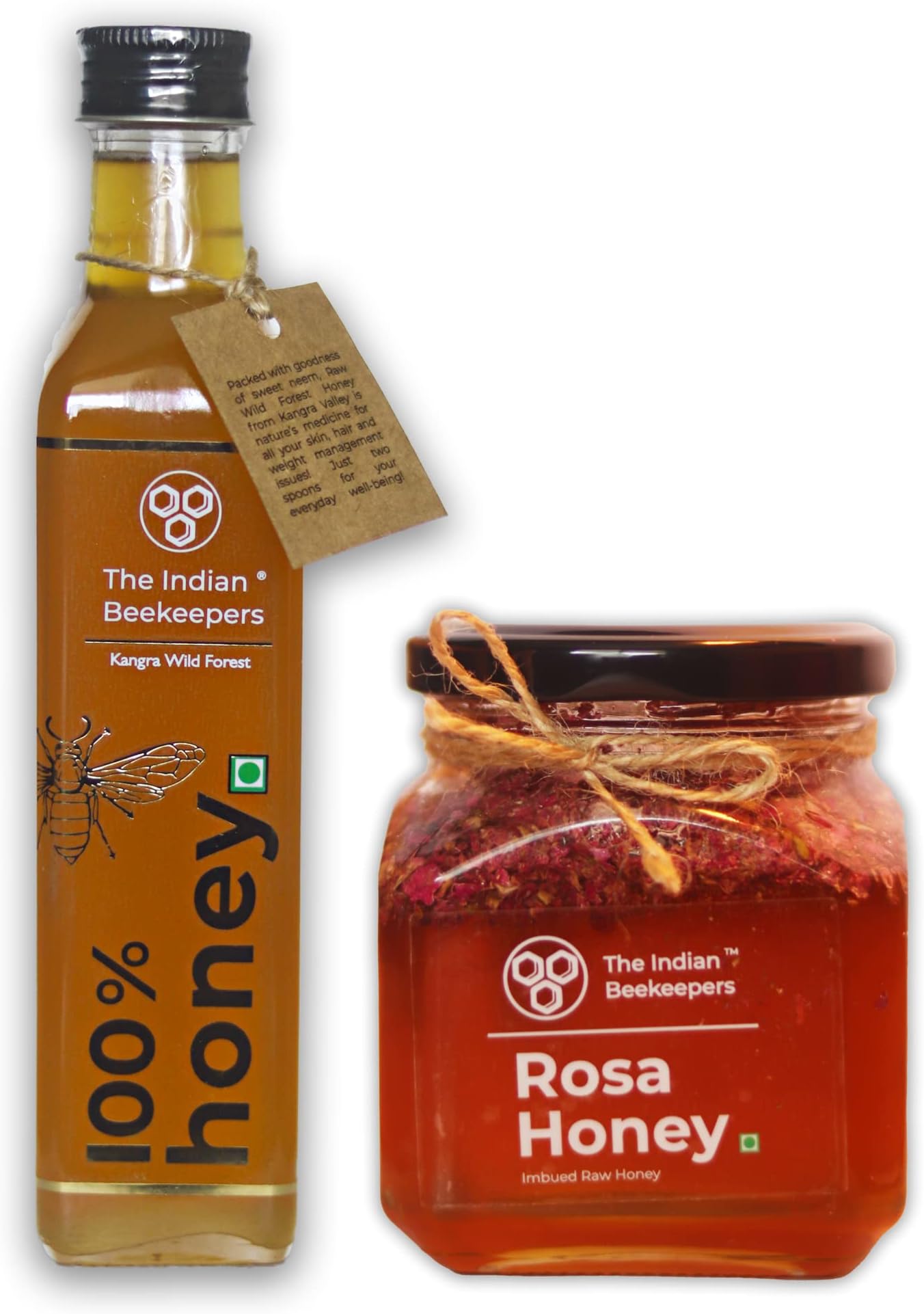 The Indian Beekeepers Combo Pack of 2 - Premium Organic Kangra Wild Forest Raw Honey, Sweet Neem Honey, 365 gm + Rosa Honey, Rose Imbued Raw Honey, Natural Blood Purifier, No Sugar Added, 275 gm