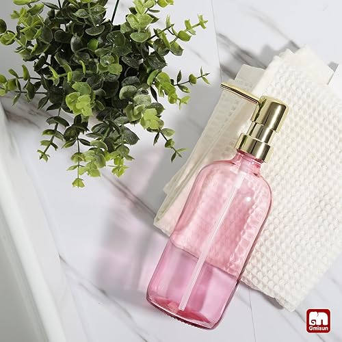Miniatura 7 de GMISUN Dispensador de jabón rosa para baño, 1 paquete de dispensadores de jabón para platos de vidrio para cocina con bomba dorada de plástico
