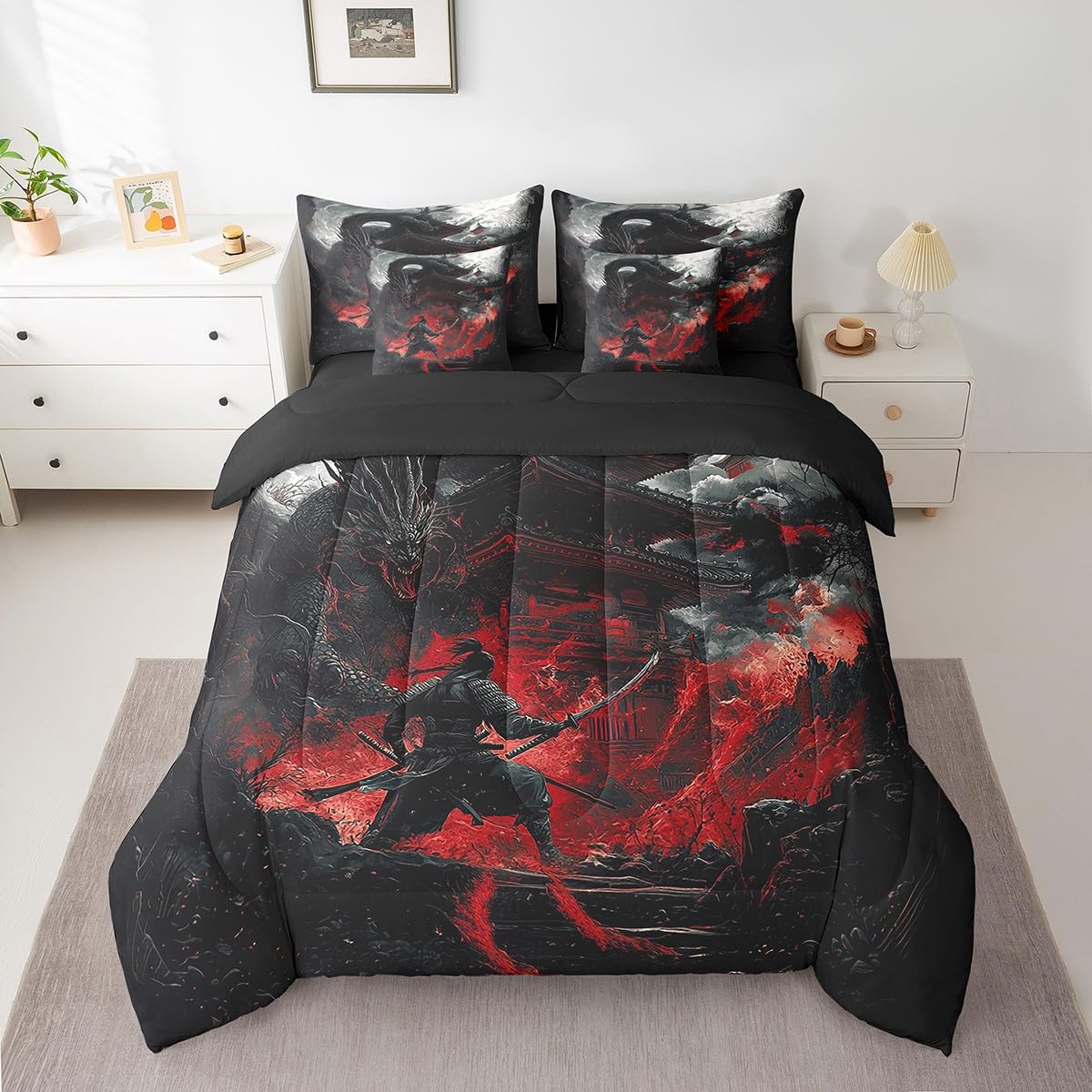 Dragon Comforter Set with Sheets Queen Size Japanese Style Bed in a Bag for Boys Girls Teens Samurai 7 Pieces Bedding Set Dragon Decor Bed Set Room Decor Black Red