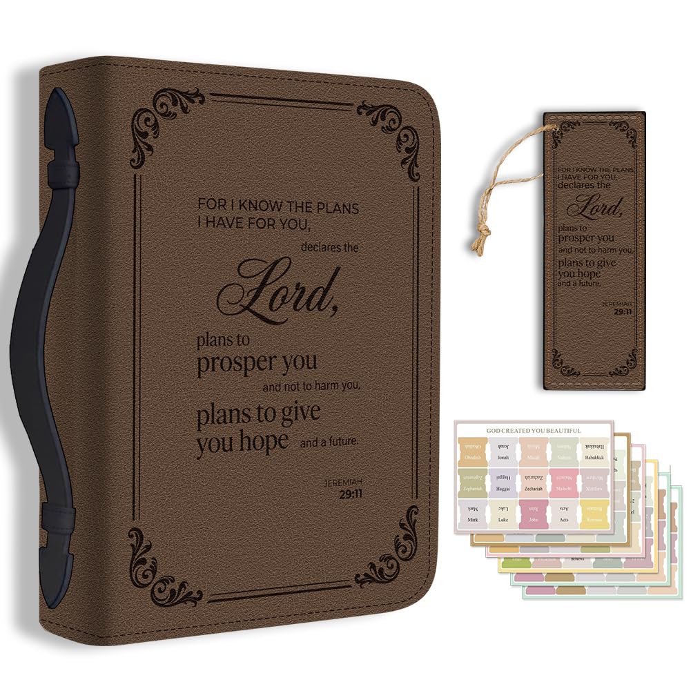 TNKBREEZE Brown Bible Cover for Men Women Classic PU Leather Book Carrying Bag Know The Plans Inspirational Verse Book Case with Bookmark Handle Zipper Christian Gift Church Study Supply11.2x8x2.3in