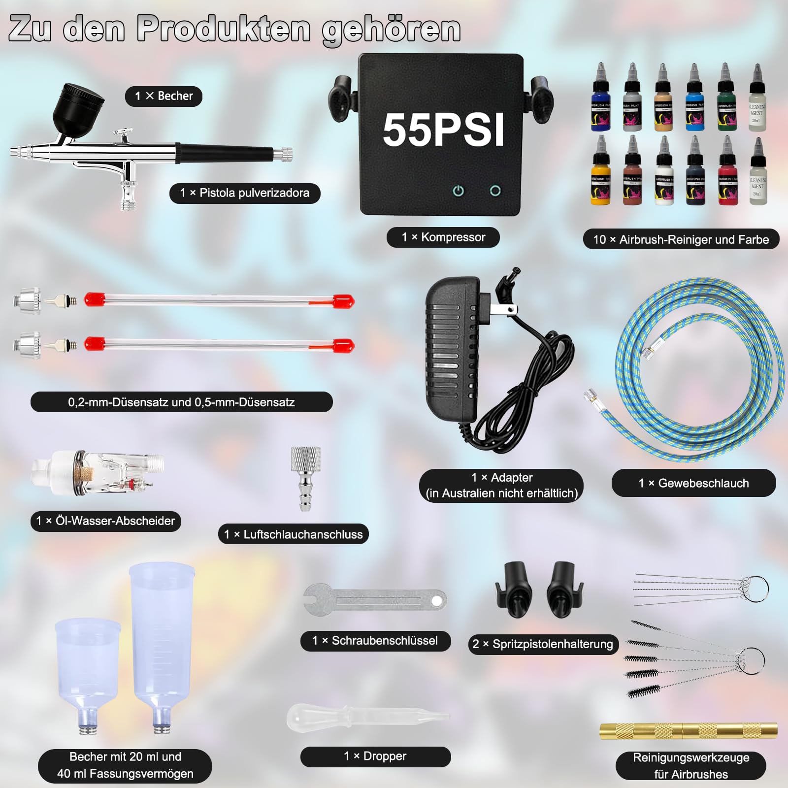 55PSI Airbrush-Set mit Kompressor, Doppelwirkungs-Airbrush mit 3 Modi und 0,2/0,3/0,5 mm Düsen, Enthält 10 Flaschen Acrylfarbe und 2 Flaschen Reinigungslösung Geeignet für Bastelarbeiten, Tattoos us.