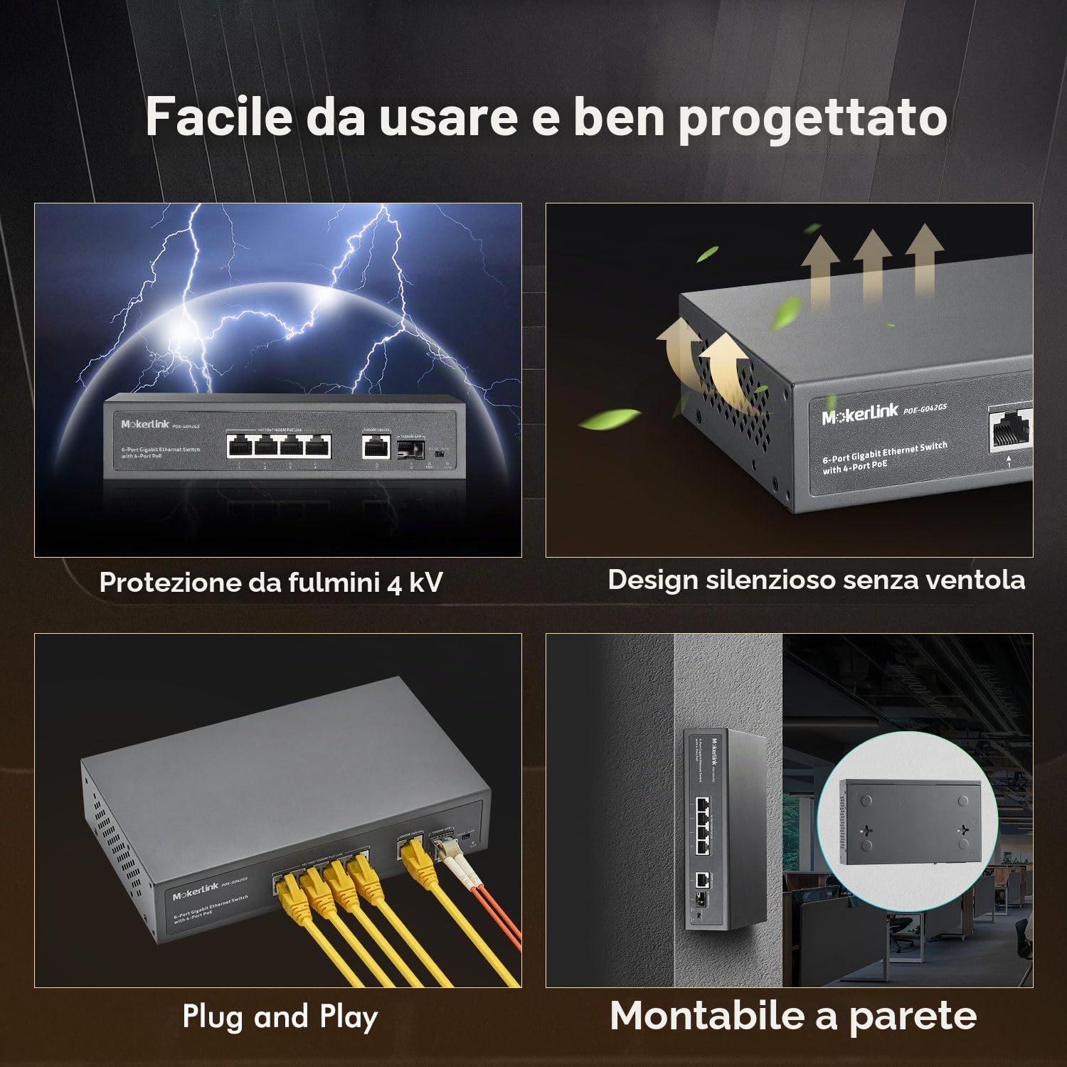 MokerLink Switch PoE a 4 Porte, 1 Gigabit Uplink, 1 SFP, IEEE802.3af/at 75W, PoE Watchdog AI Rilevazione, QoS, Ethernet Plug in Metallo Senza Ventole