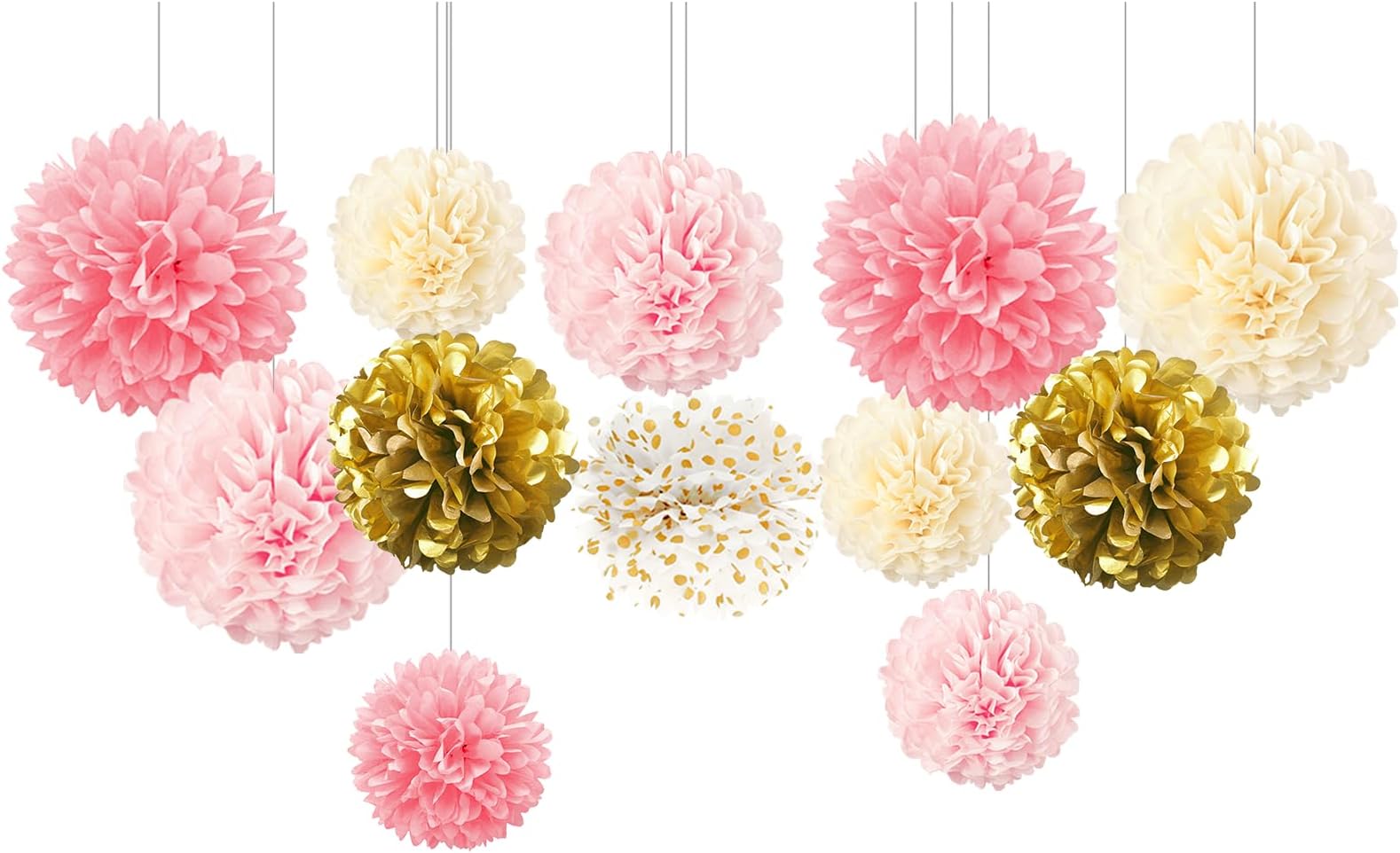 AOBKIAT Decorations Tissue Pom Poms Kit, 12 PCS Pink Gold Tissue Paper Flowers for Engagement Party Wedding Birthday Bridal Shower Bachelorette Baby Shower Ceiling and Party Backdrop Decor