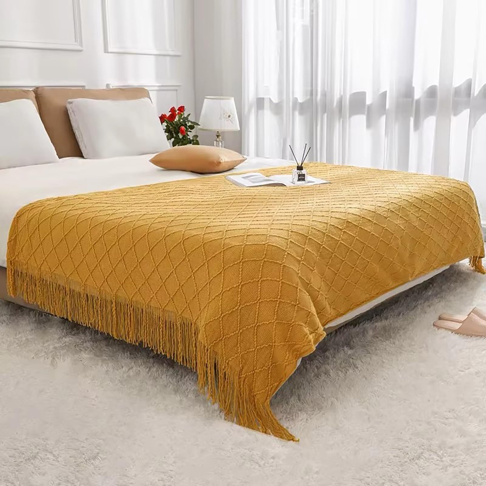 camino de cama Caminos de cama y cojines a juego, bufanda de Hotel, decoración de cojines, fundas de sofá con flecos Jacquard for decoración del hogar y dormitorio)(Blue,130*260cm for 180cm bed)