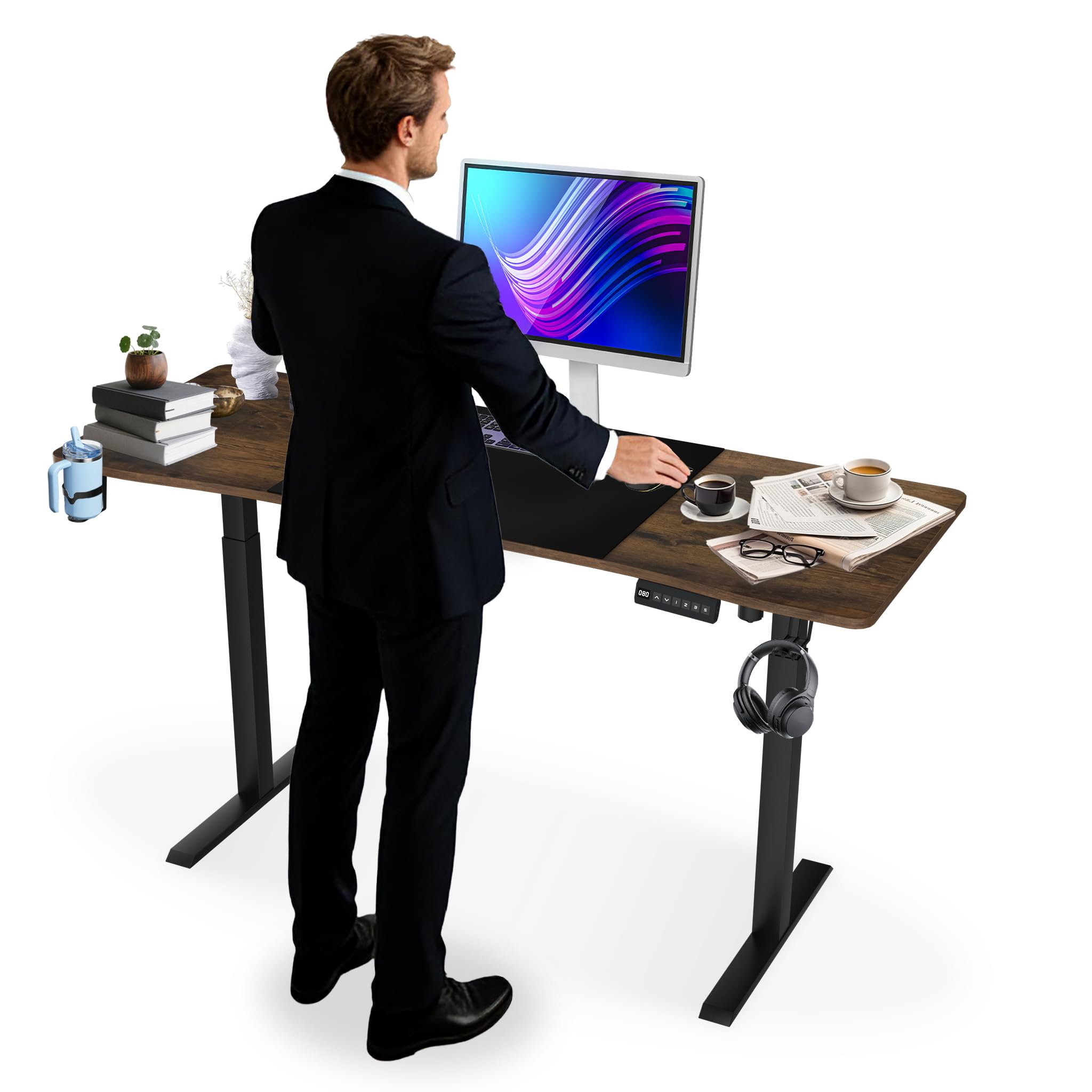FIVMEN Höhenverstellbarer Schreibtisch 140x60 cm Elektrisch Computertisch Bürotisch mit Typ-C Ladeanschluss, Kopfhörerhake und Getränkehalter Elektrischer Steh-Sitz Tisch mit Memory-Funktion, Braun