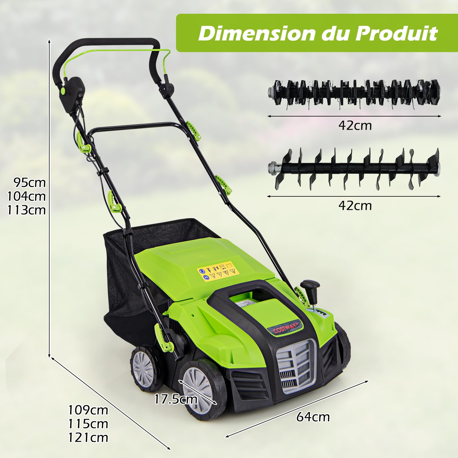 RELAX4LlFE 2-EN-1 Scarificateur Aérateur Électrique 2000W jusqu'a 400m2 avec Bac de Ramassage 55L, Profondeur&Hauteur Reglable, Verrou de securite pour Gazon Sol (Vert, 55L-2000W)
