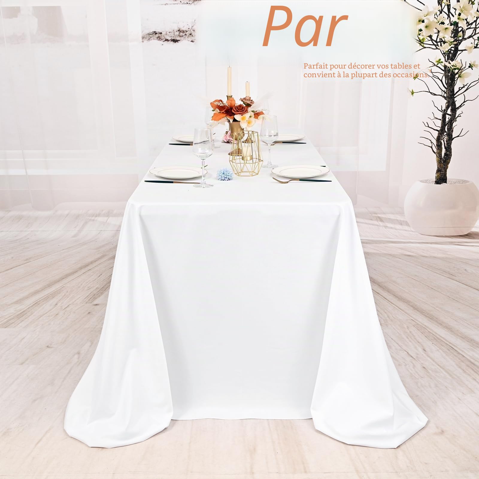 Pesonlook Lot de 4 nappes rectangulaires blanches, 228,6 x 396,2 cm en polyester lavable en masse, nappes en tissu polyester pour mariage, fête, banquet, buffet, table de fête, dîner de vacances