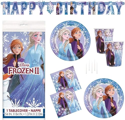 Set de suministros para fiestas de Frozen 2 , sirve para 16, incluye decoración de pancarta y mantel, platos grandes, servilletas, tazas y velas